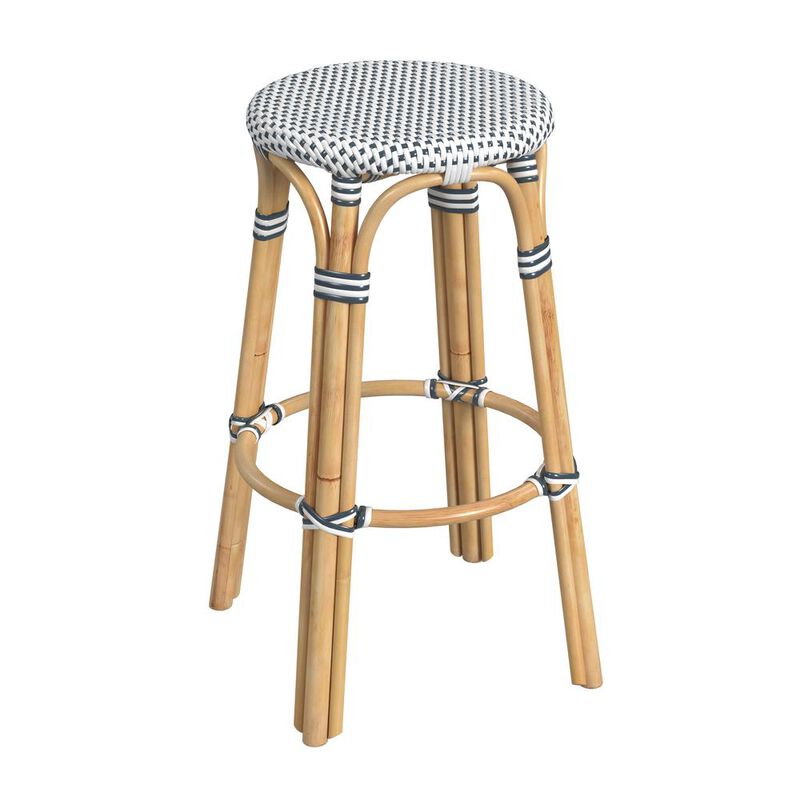 Butler Specialty Tobias Round Rattan 30 Bar Stool, White and Navy Dot