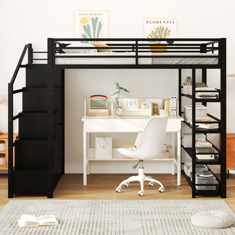 Merax Full Size Metal Loft Bed with 4-Tier Open Shelves, Storage Staircase image number 3