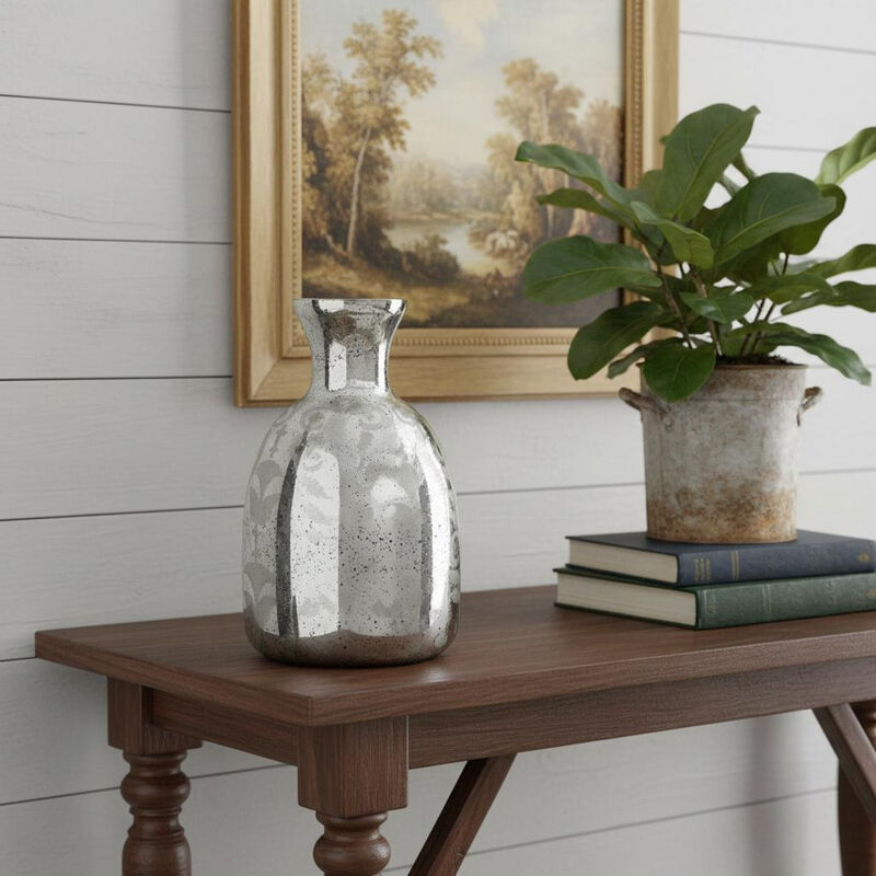 HomeRoots 18" Antiqued Silver Floral Glass Table Vase image number 1