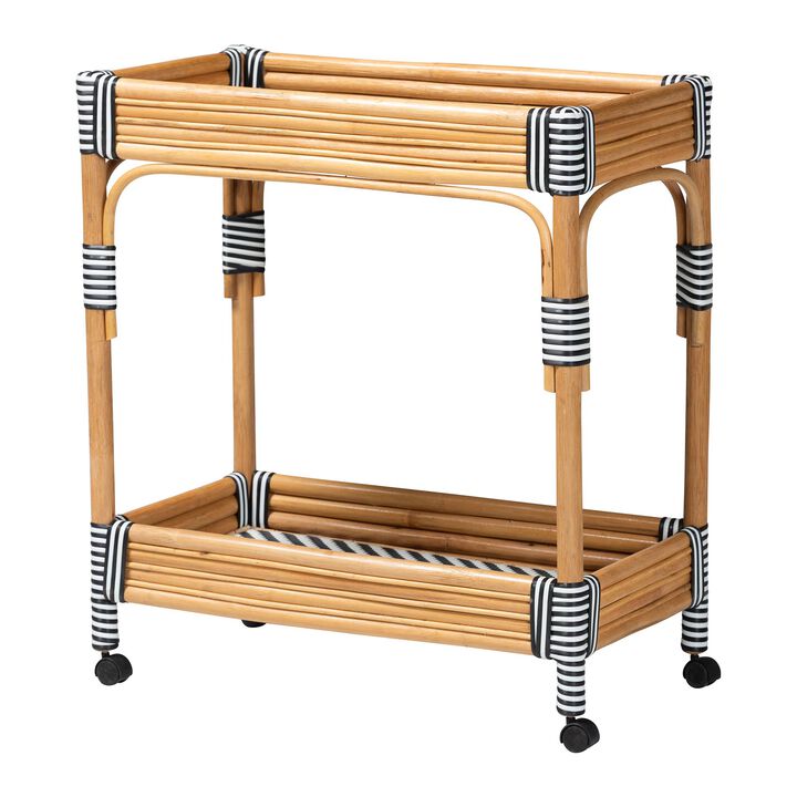 bali & pari Carmine Natural Rattan Kitchen Cart - 2-Tier Handwoven Wicker Storage Trolley with Raised Borders for Kitchen or Lounge