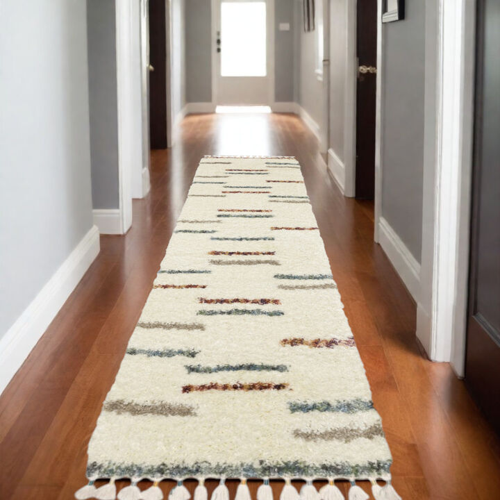 HomeRoots Striped Shag Runner Rug With Fringe