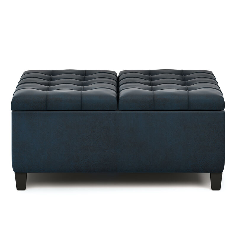Harrison Coffee Table Storage Ottoman in Distressed Dark Blue Faux Leather