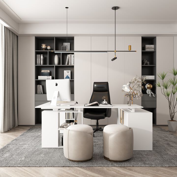 FUFU&GAGA 63-in White Modern/Contemporary L-shaped Desk Hutch Included,(72.4" W x 47.2" D x 46.6" H), White