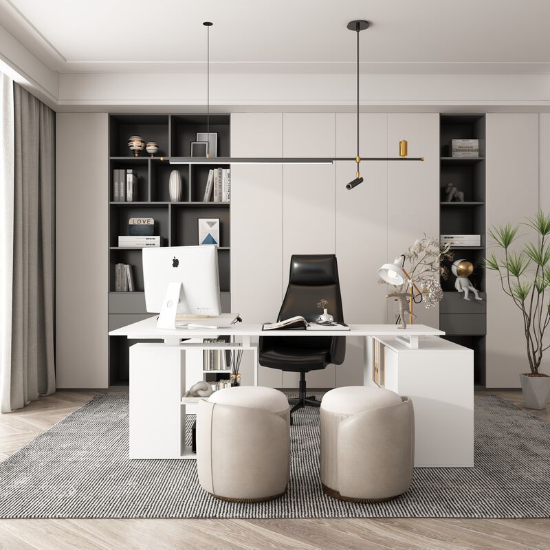 FUFU&GAGA 63-in White Modern/Contemporary L-shaped Desk Hutch Included,(72.4" W x 47.2" D x 46.6" H), White