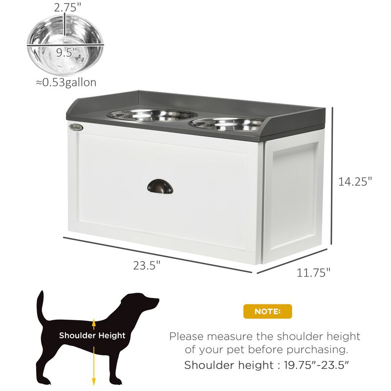 White Pet Feeder: Raised Dish Set with Storage Drawer & Steel Bowls