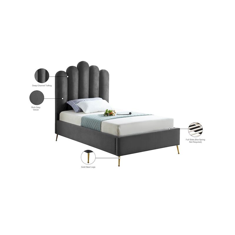 Meridian Furniture Lily Grey Velvet Twin Bed