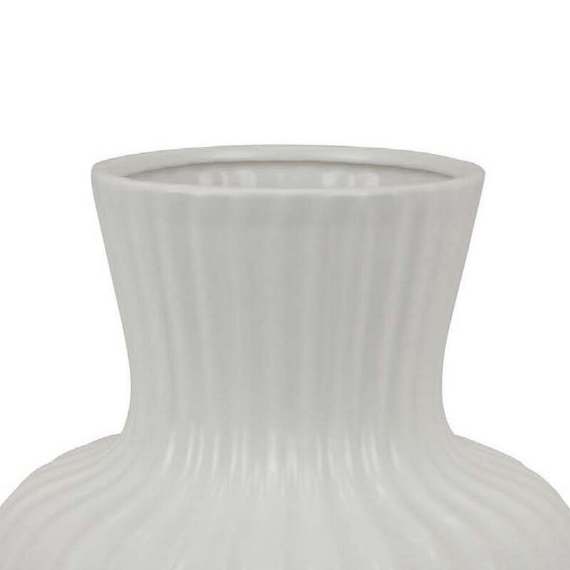 Decorative Vase, 14 Inch White Ceramic Body, Vertical Ribbed Pattern