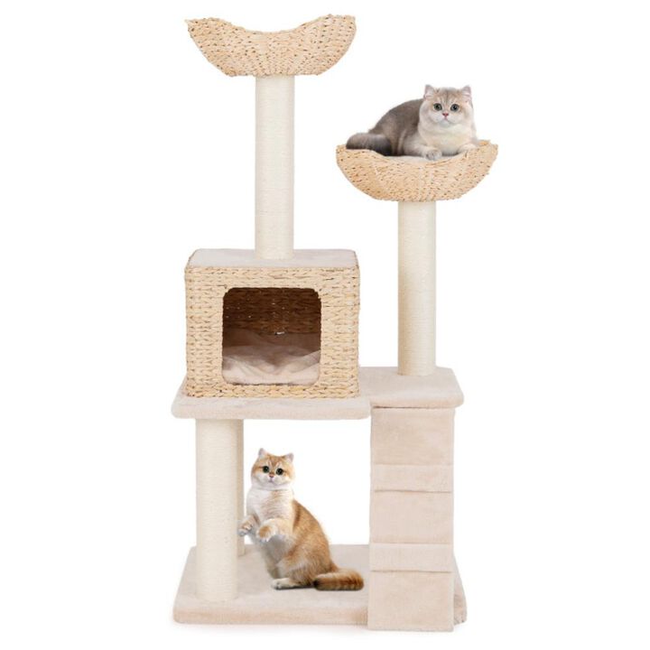 Hivvago 48 Inch Cattail Cat Tower with Sisal Scratching Posts Perch and Condo