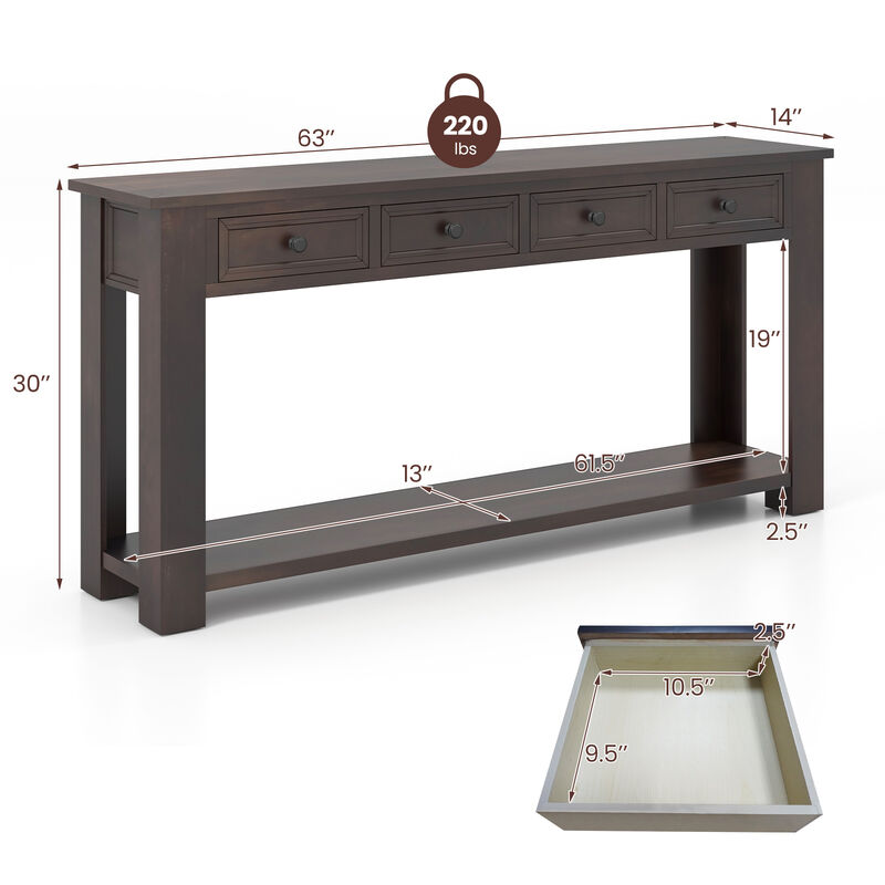 63-Inch Farmhouse Entryway Table with 4 Storage Drawers and Open Shelf for Home Organization
