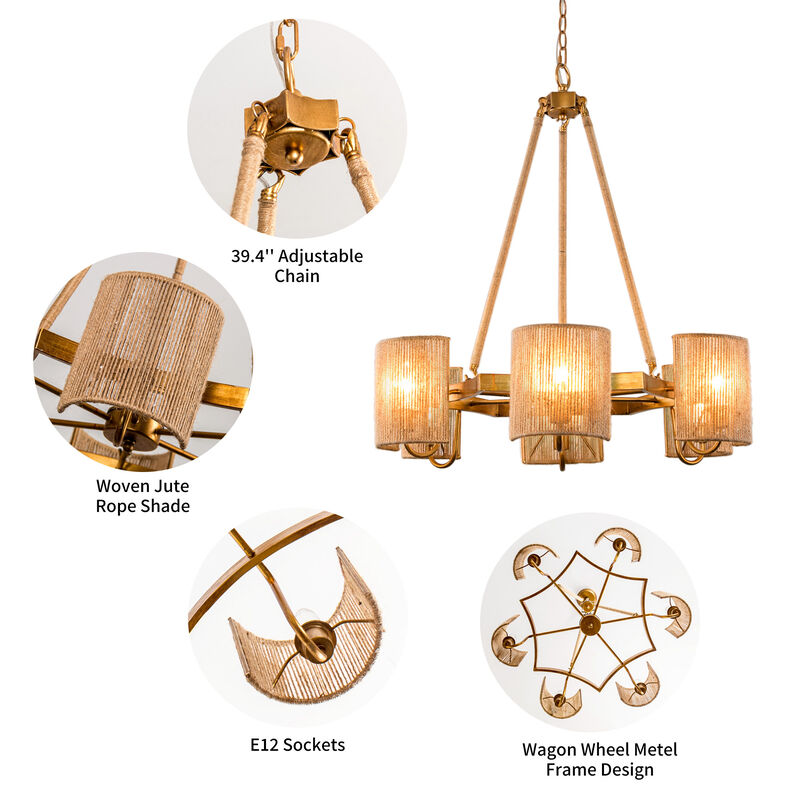 6-Light Bohemiann Antique Gold Wagon Wheel Hemp Rope Chandelier