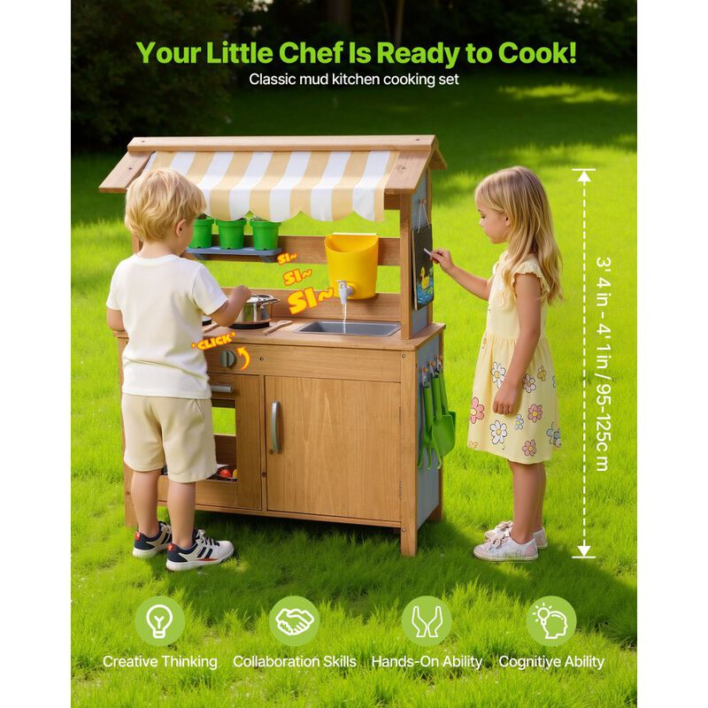 Wooden Outdoor Play Kitchen for Kids with Sink, Water Tank and Accessories-Natural image number 8