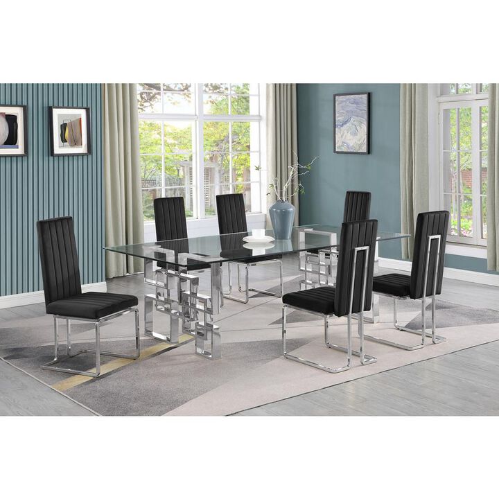 7-piece glam dining set with 6 Black chairs and one 95" glass  table