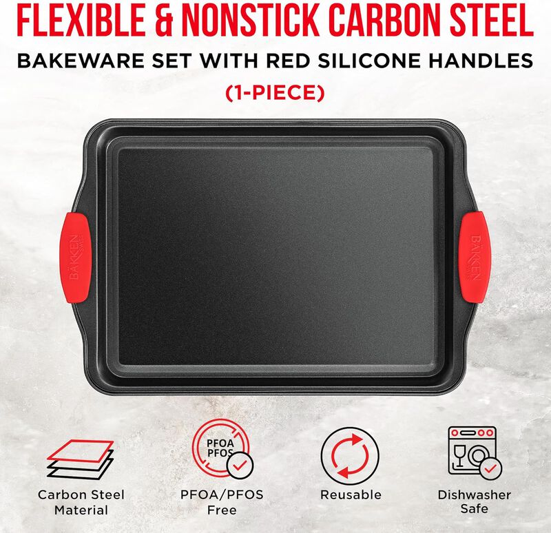 Nonstick Cookie Sheet Pan Carbon Steel Oven Tray Sheet Pan with Red Silicone Handles - Bakeware Pan Tray with Gray Coating Inside & Outside
