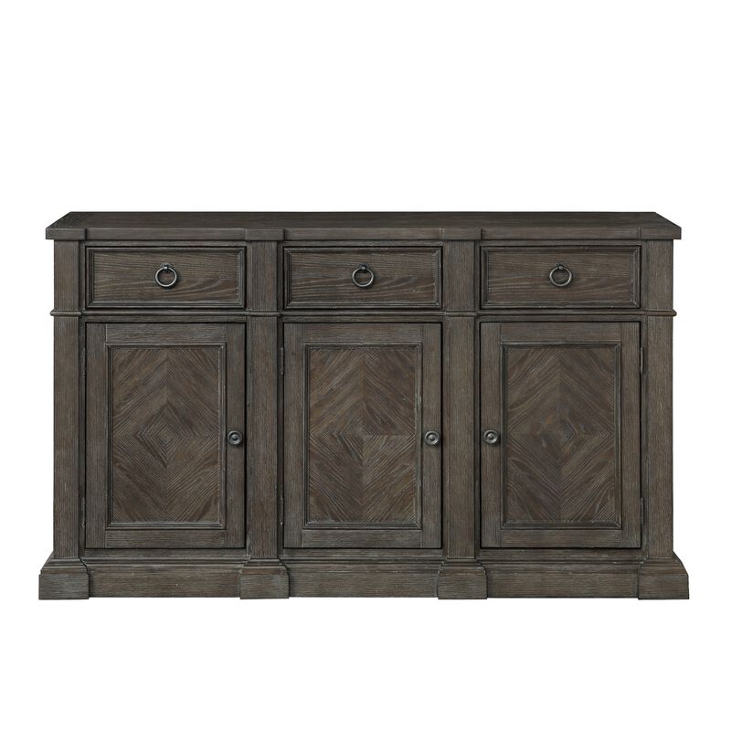 Koa 67 Inch Sideboard Server Console, 3 Beveled Drawers, Driftwood Brown - Benzara