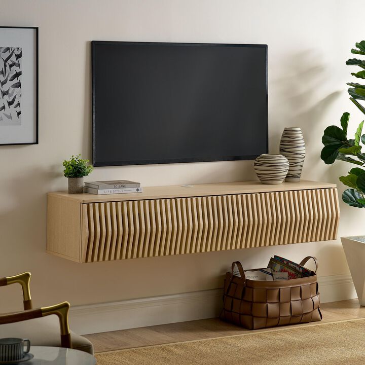Modway Vaughn 64 Inch Wall Mounted TV Stand in Ash - Floating Entertainment Center with Storage - Mid Century Modern Low Profile Media Cabinet for Wall