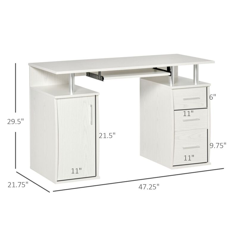 47" Computer Desk with Keyboard Tray and Storage Drawers, Home Office Workstation Table with Storage Shelves, White image number 3