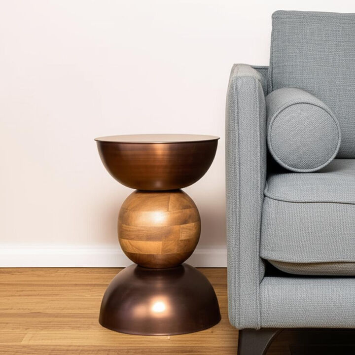 HomeRoots 20" Bronze and Brown Iron and Solid Wood Round Pedestal End Table