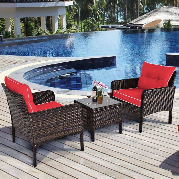 Hivvago 3-Piece Brown PE Rattan Outdoor Dining Patio Furniture Set with Red Cushions