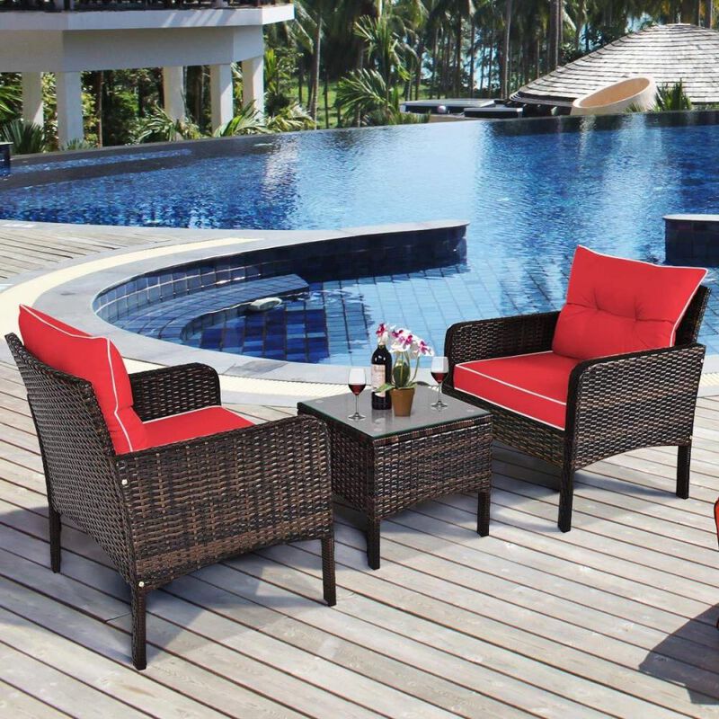 Hivvago 3-Piece Brown PE Rattan Outdoor Dining Patio Furniture Set with Red Cushions