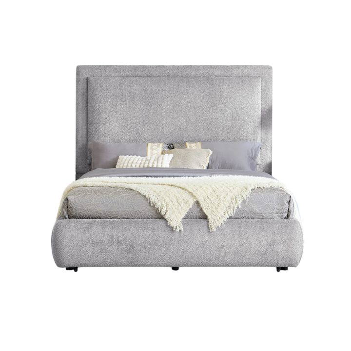 Reby Queen Size Bed w Storage Footboard, Gray Chenille Upholstery
