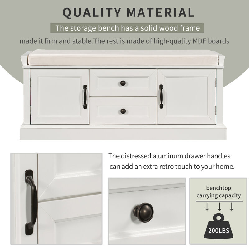 Storage Bench With 2 Drawers And 2 Cabinets, Shoe Bench With Removable Cushion For Living Room