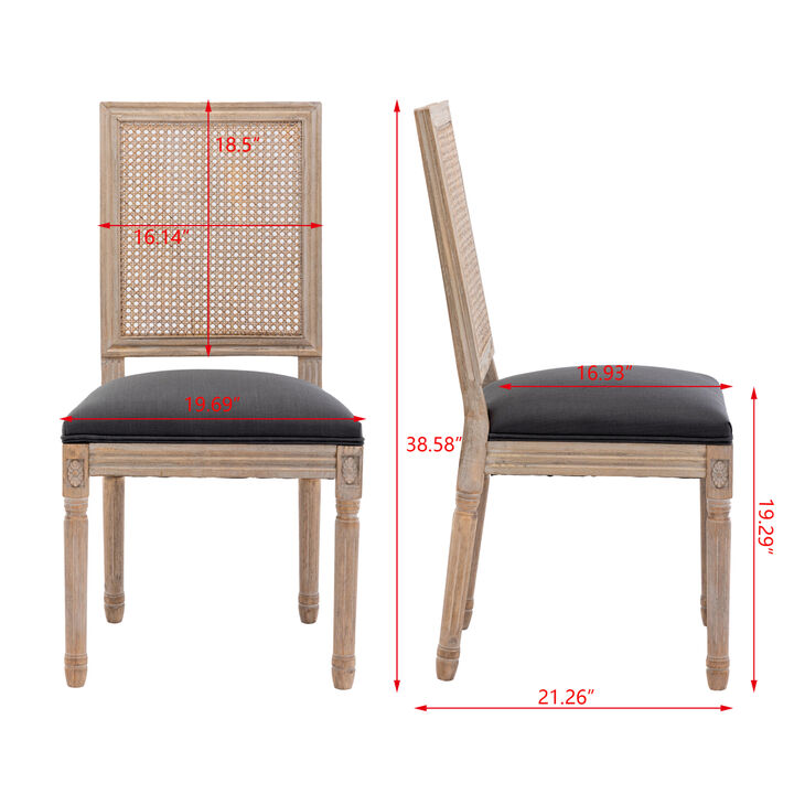 French Style Solid Wood Frame Antique Painting Linen Fabric Square Rattan Back Dining Chair, Set of 2,grey