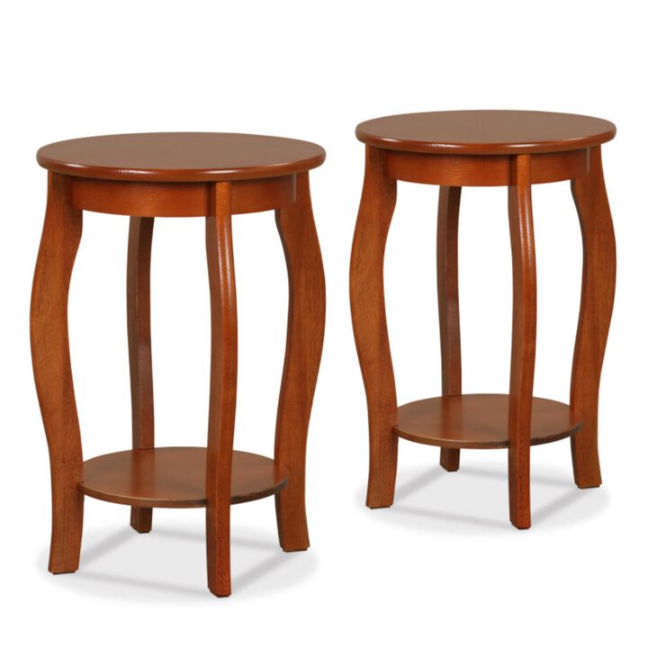 Hivvago Set of 2 15 Inch 2-Tier Round End Table with Storage Shelf-Walnut