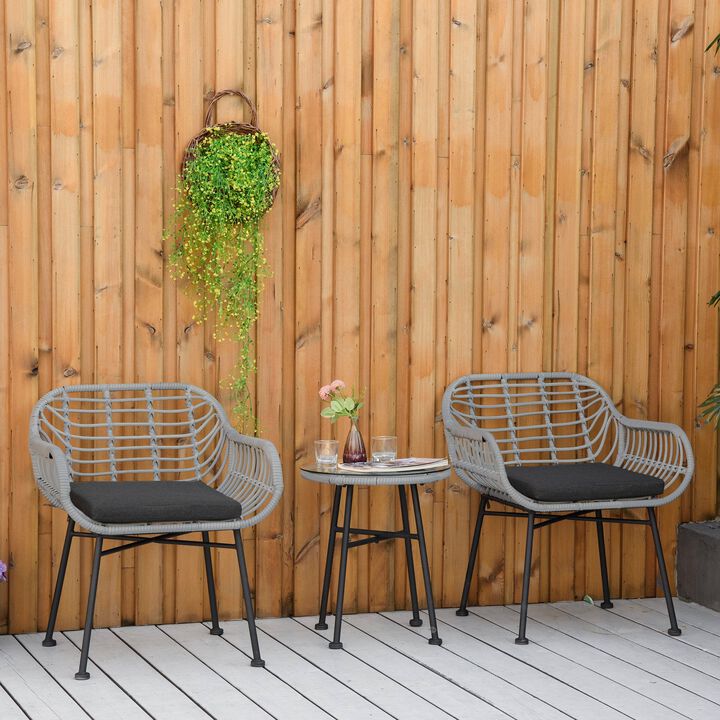 Patio PE Rattan Bistro Set, 3 Pieces Outdoor Round Wicker Woven Coffee Set, 2 Chairs & 1 Coffee Table Conversation Furniture Set, for Garden
