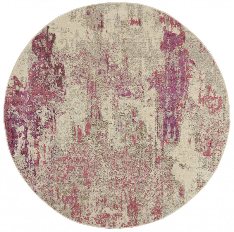 8 X 8 Ivory And Pink Round Abstract Power Loom Non Skid Area Rug