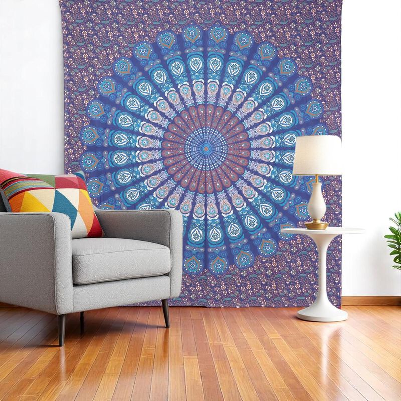 HomeRoots 92" X 84" Navy Blue Ivory And Brown Mandala Cotton Hanging Tapestry image number 1