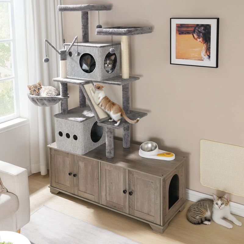 Double Cat Litter Box Hideaway with Integrated Cat Tree, Bed, and Hammock- Greige image number 8
