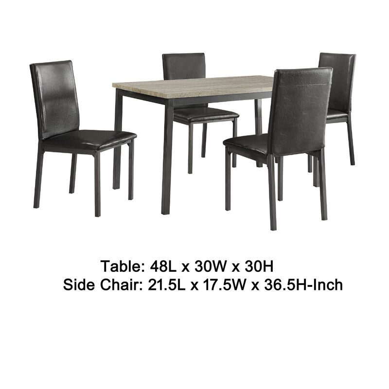 Raza 5pc Dining Set, Weathered Gray Table, 4 Black Faux Leather Chairs - Benzara