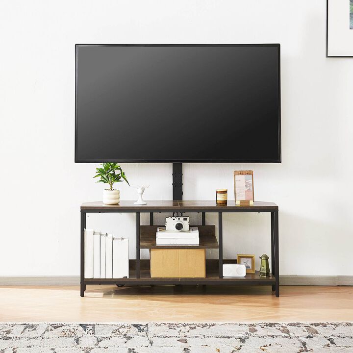 Entertainment Center with TV Mount, LED Lights, Power Outlets and 3-Tier Storage Cabinet-Brown