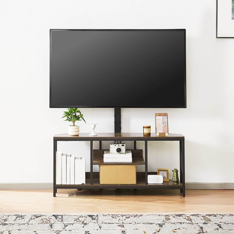 Entertainment Center with TV Mount, LED Lights, Power Outlets and 3-Tier Storage Cabinet-Brown image number 1