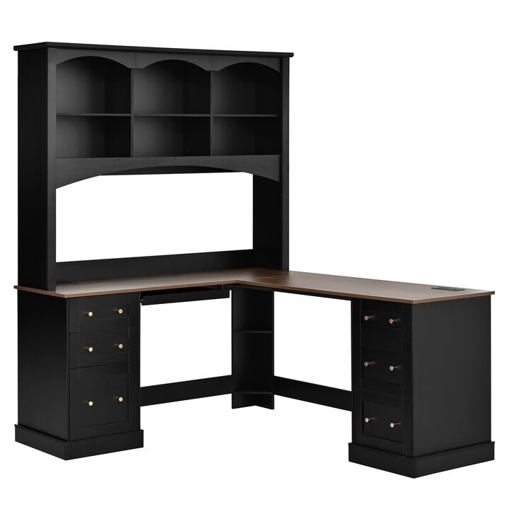 Merax Corner L-Desk with Built-In Power Strips, File Drawer & Concealed Cabinet