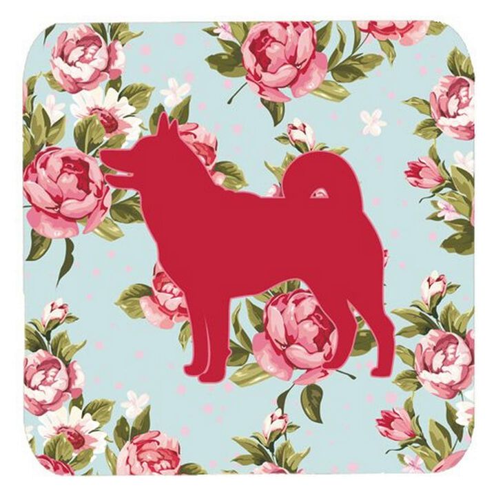 Caroline's Treasures BB1067-RS-BU-FC Shiba Inu Shabby Chic Blue Roses Foam Coasters (Set of 4), 3.5 H x 3.5 W, Multicolor