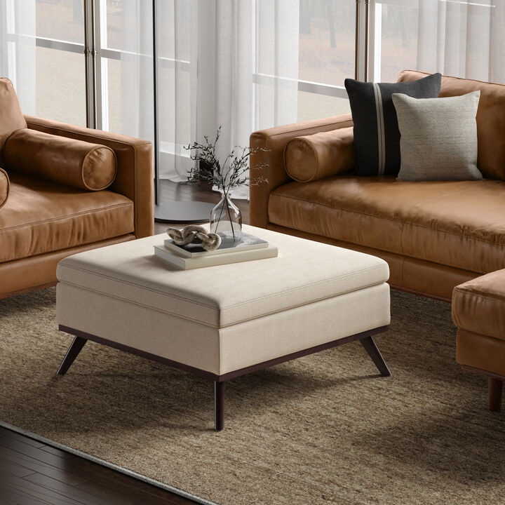Owen 36 inch Wide Mid Century Modern Square Coffee Table Storage Ottoman in Natural Polyester Fabric, Assembled