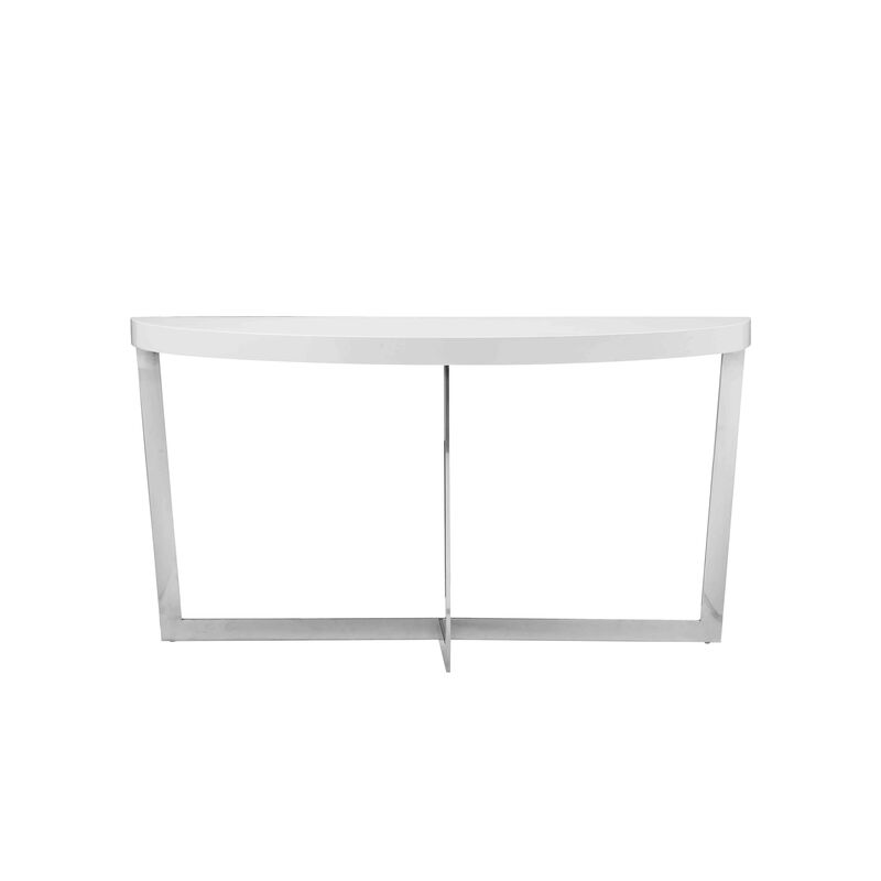 Tini 55 Inch Console Table, Oval Top, Chrome Frame, Sleek White Finish