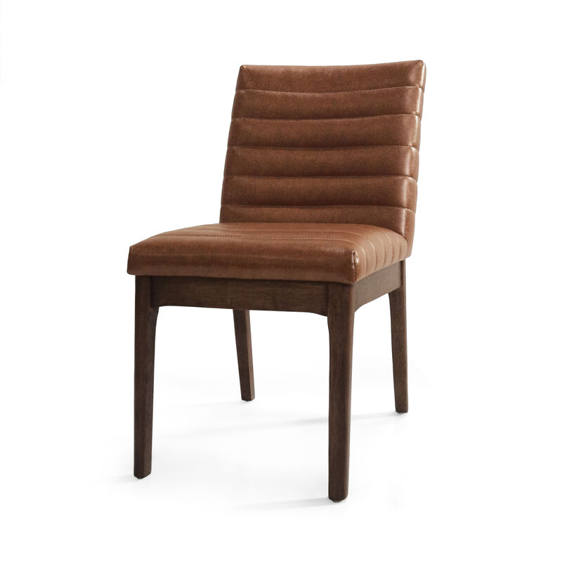 Lissa Dining Chair, Channel Stitching, Brown Polyester Cushions, Wood Legs - Benzara
