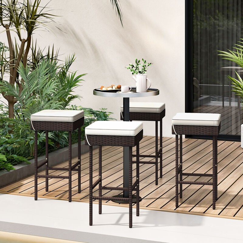 Patio Rattan Barstools Set of 4 with Footrest and Soft Cushions for Backyard Balcony
