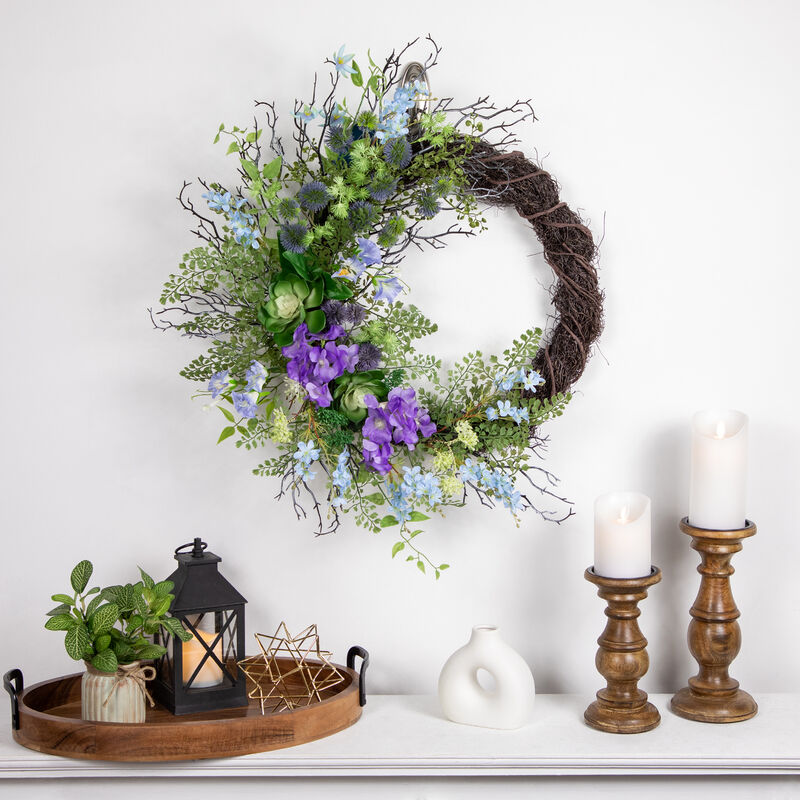 Mixed Wild Flowers and Twigs Artificial Spring Wreath  24-Inch