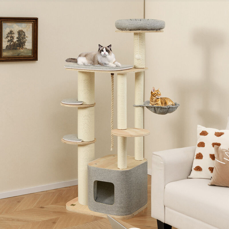 Tall Cat Tree Modern Wooden Cat Tower with Perch Condo Hammock