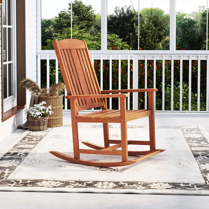 Classic Outdoor Rocking Chair with Solid Wood Frame, High Back, and Slatted Seat