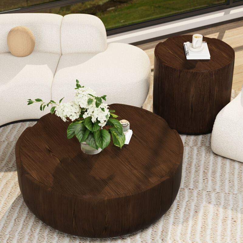 Round Outdoor Indoor Coffee Table Set, Modern Wood Grain Drum Center Table Set, Sturdy Waterproof(Set of 2) image number 2