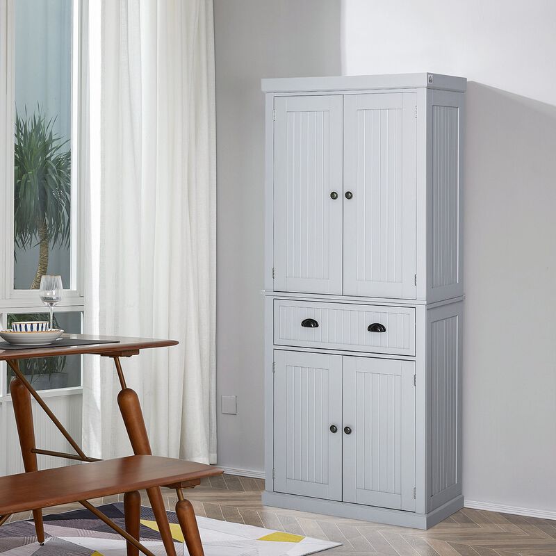 72" Gray Kitchen Pantry: Freestanding, Drawer, 4 Doors