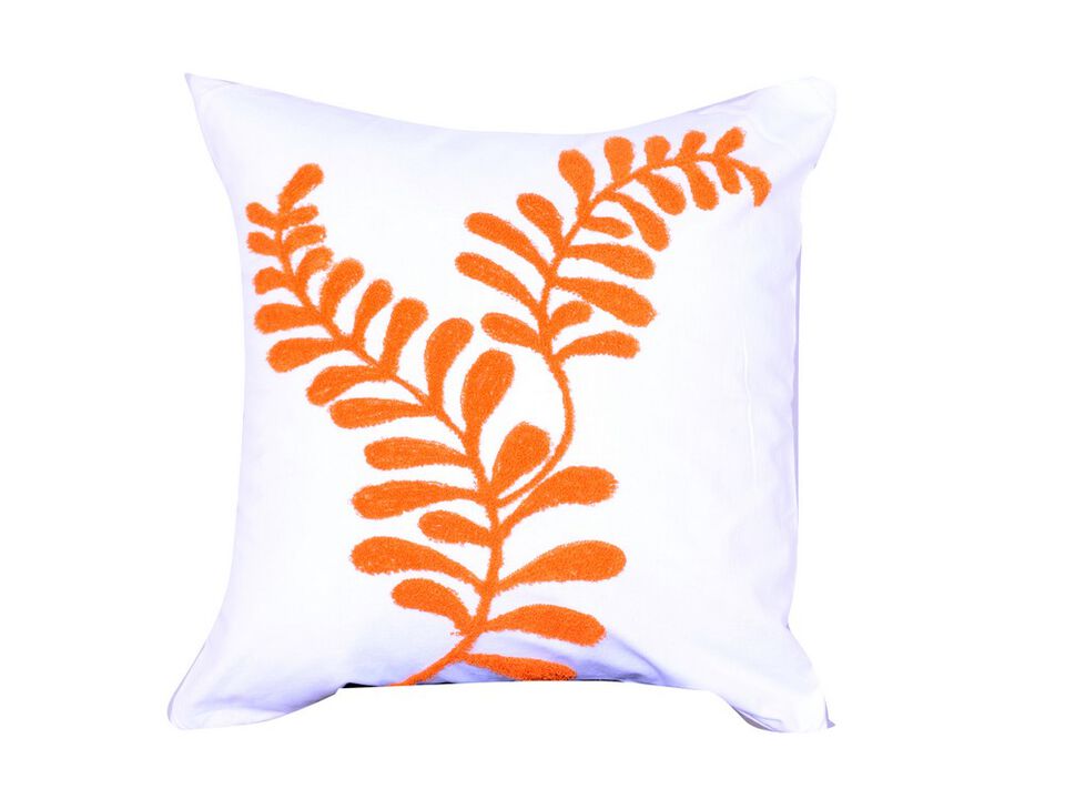 18 X 18 Inch Cotton Pillow with Sprig Pattern Embroidery, Orange- Benzara