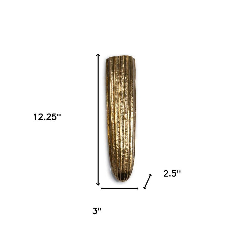 HomeRoots 12" Antiqued Gold Ribbed Aluminum Wall Vase image number 3