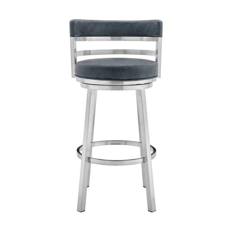 HomeRoots 26" Blue and Silver Faux Leather and Stainless Steel Low Back Counter Height Swivel Bar Chair image number 0