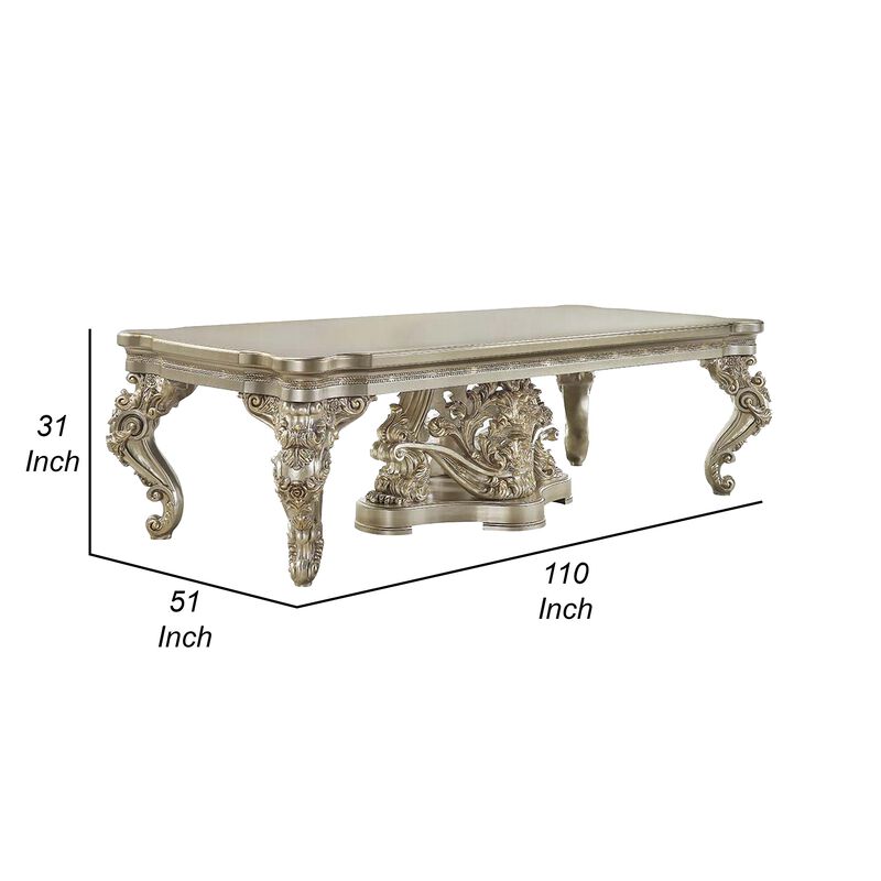 Mas Dining Table, Classical Carved Design, Champagne Gold, 110 Inch