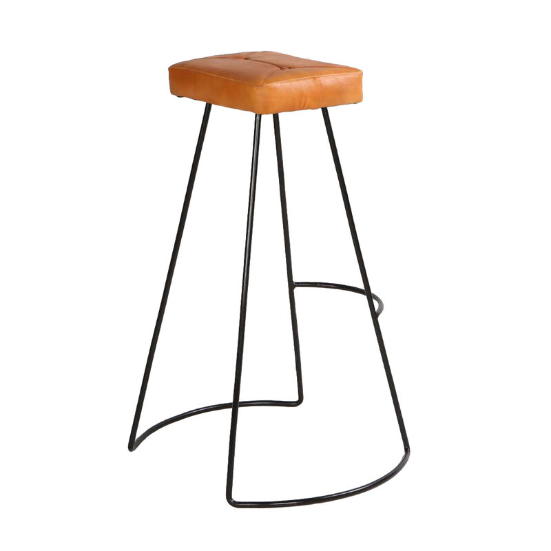 Uri 32 Inch Modern Bar Stool, Genuine Leather Seat, Metal Frame, Button Tufted, Tan Brown, Black